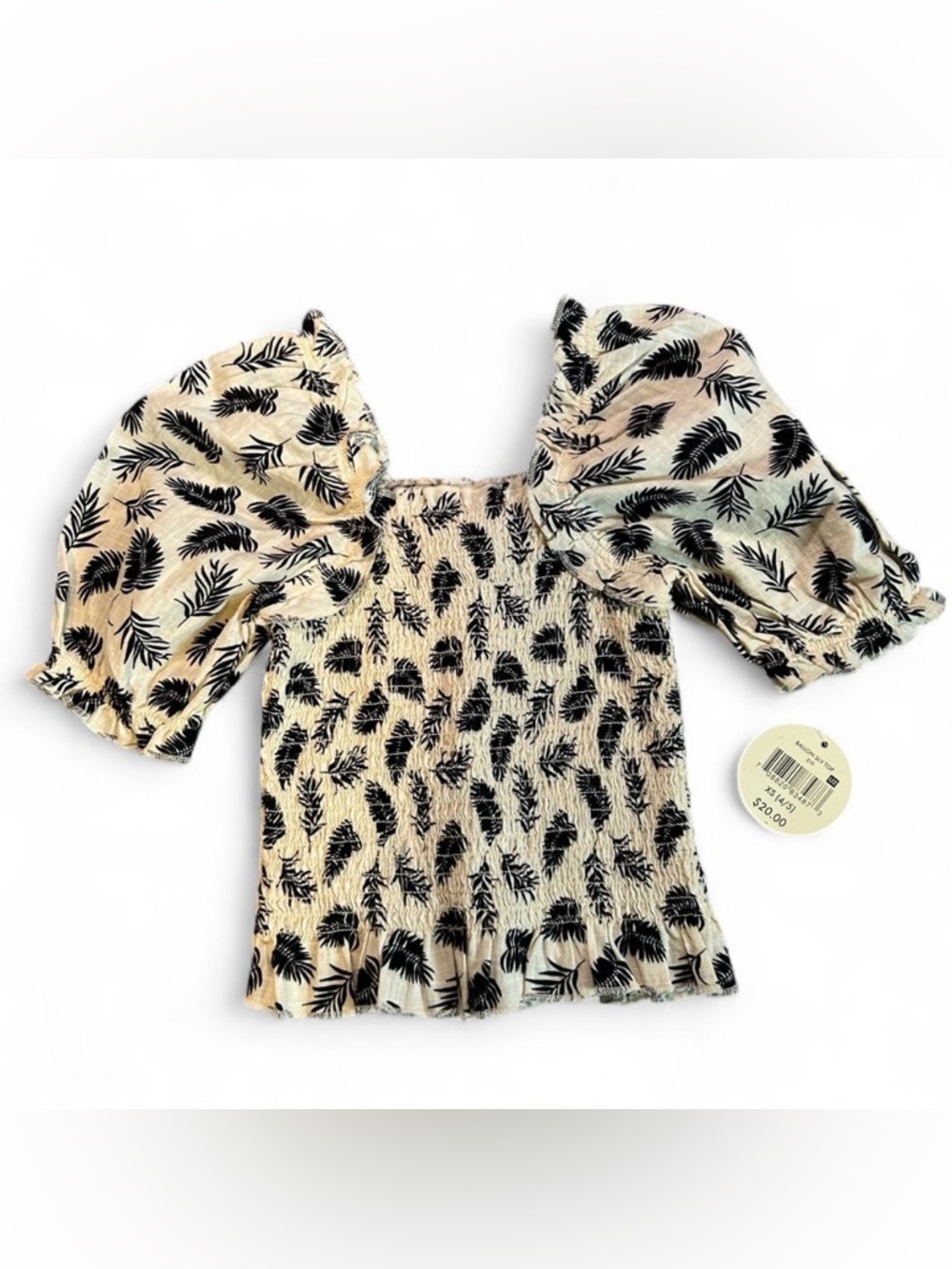 Cream Smocked Puff-Sleeve Top with Black Leaf Print